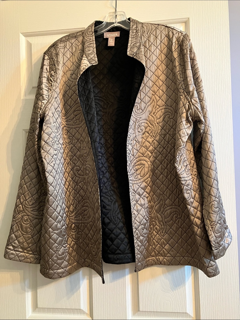 Chico's Quilted Metallic Taupe Open-Front Jacket